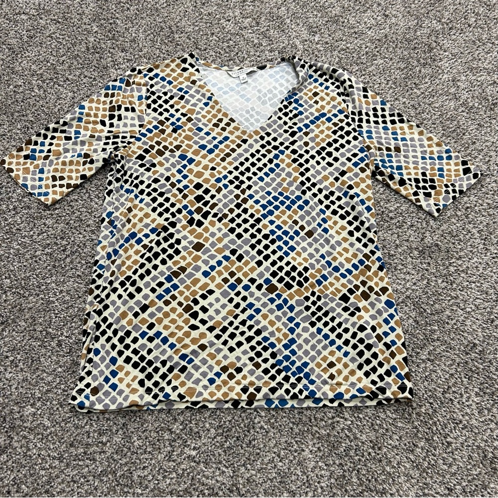 V-Neck Geometric Print Women’s Top in Blue, Brown, Black